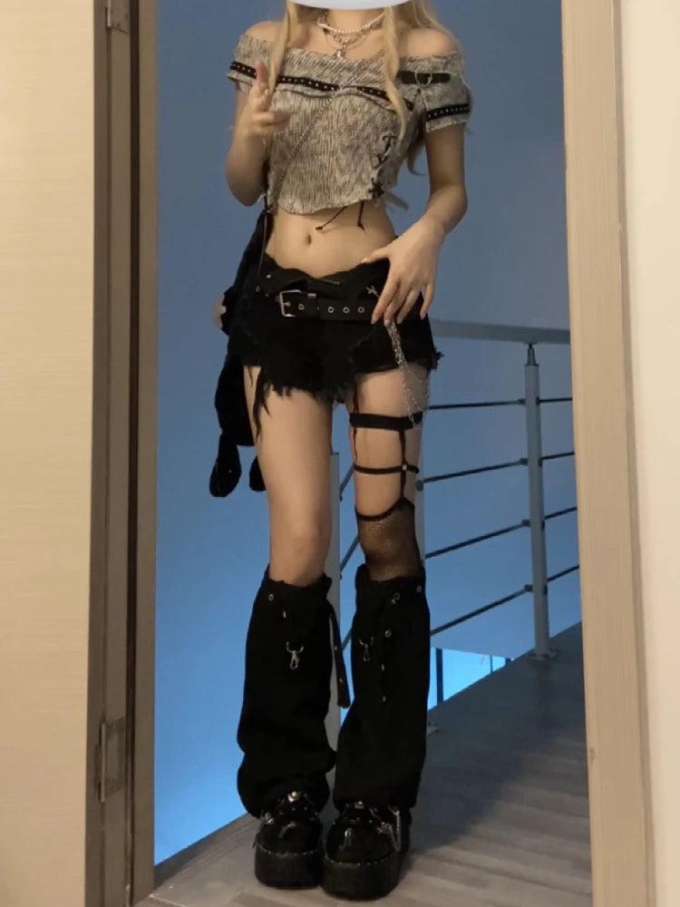 Geumxl-Women Dark Academia Y2k Goth Harajuku Fashion Gyaru Kpop Jean Low Rise Shorts Ripped Denim Tassel Grunge Hot Pants 2000s Grunge