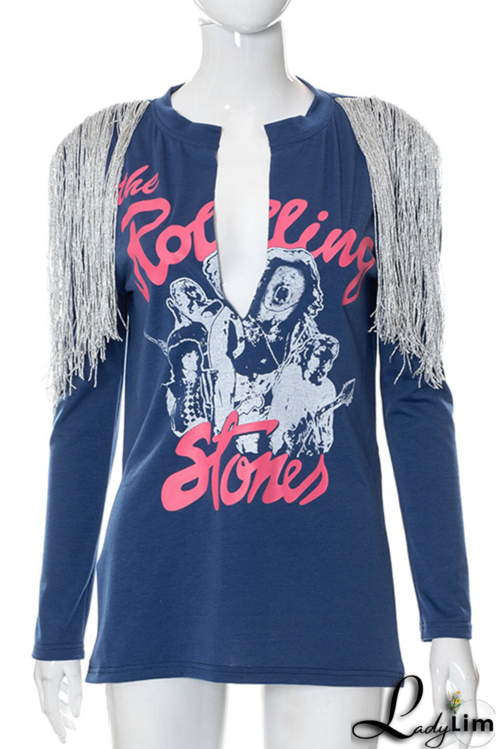 Deep Blue Fashion Print Tassel V Neck Tops