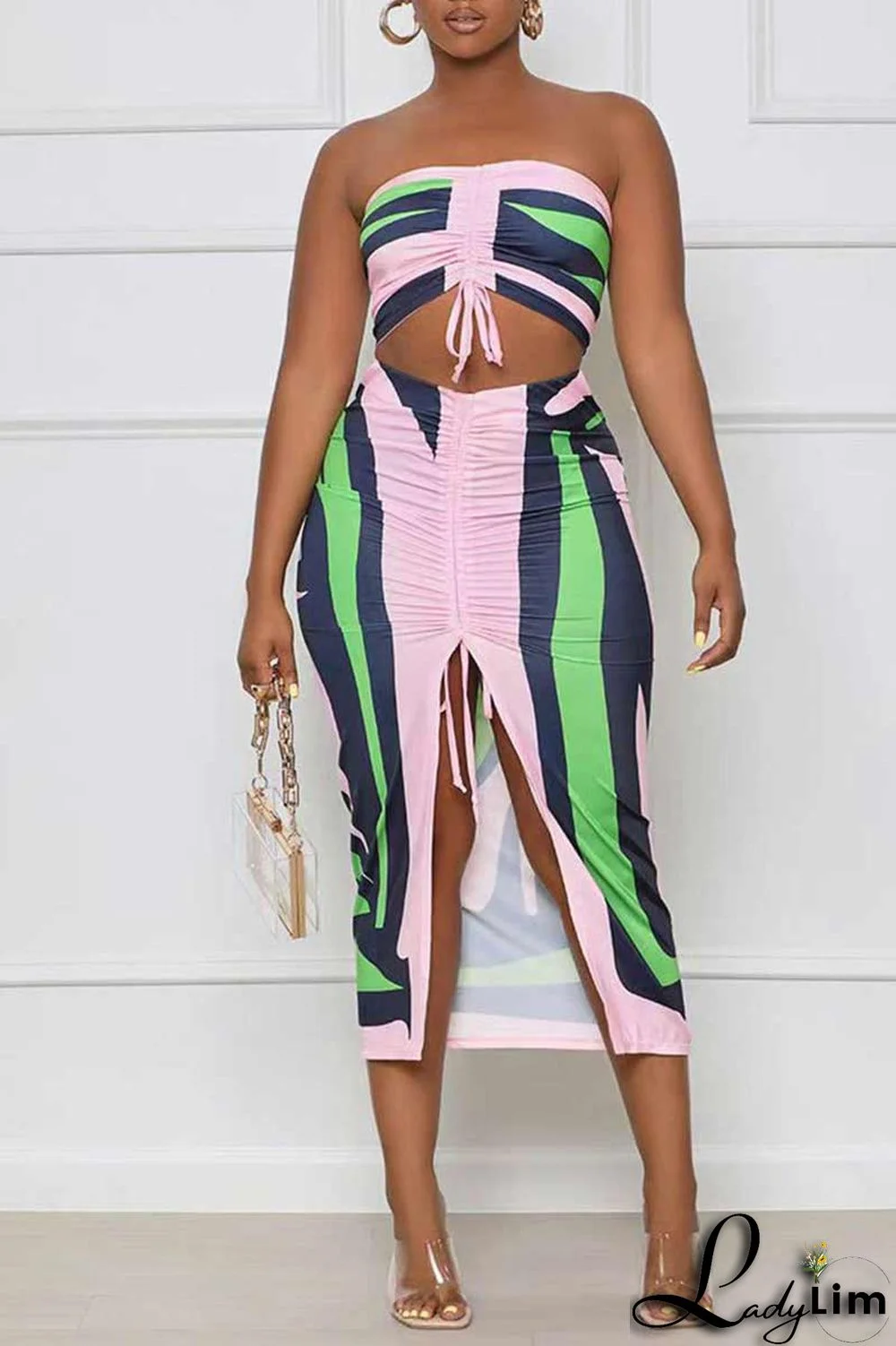 Green Sexy Print Patchwork Draw String Slit Fold Strapless Sleeveless Two Pieces