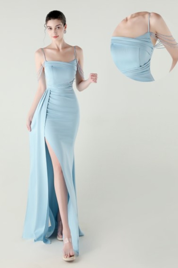 Ovlias Baby Blue Spaghetti Strap Mermaid Prom Dress with HIgh Split JQ0110