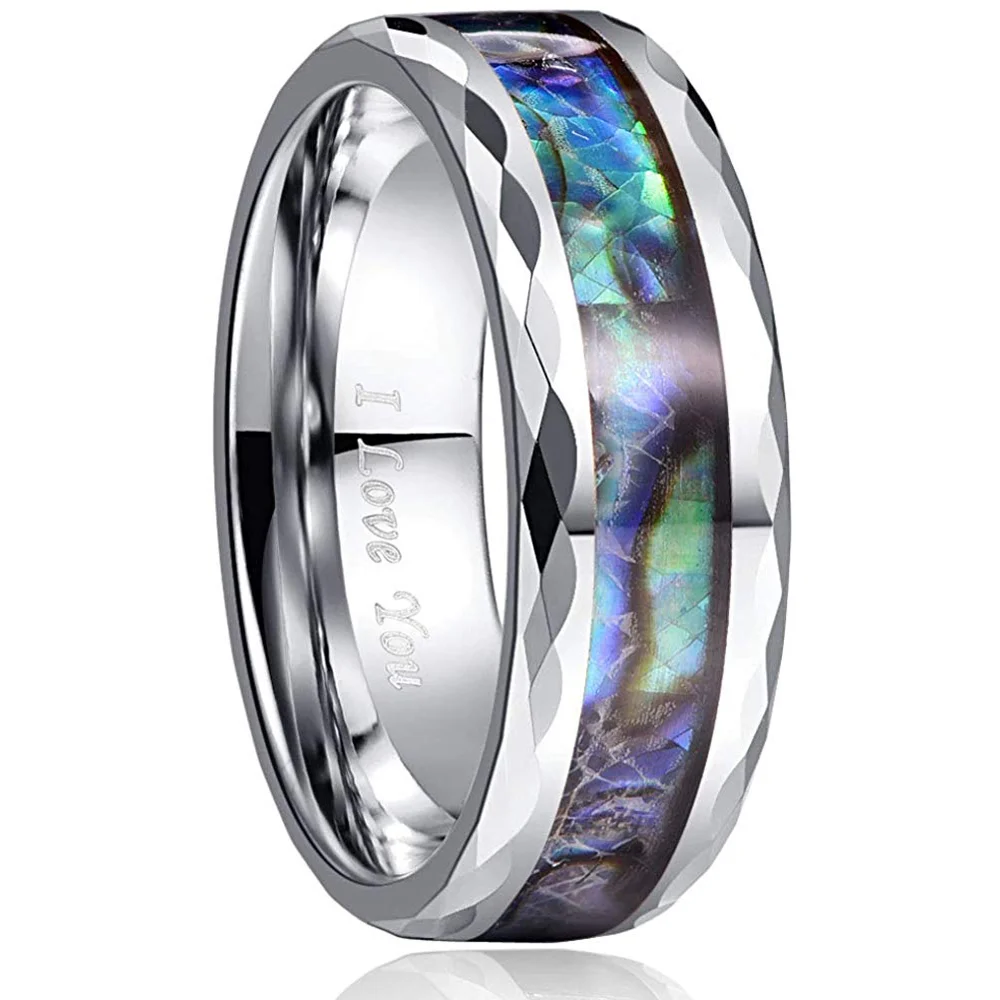 4MM 6MM 8MM 10MM Men Women Silver Abalone Shell Tungsten Carbide Rings Unisex Wedding Bands Mens Womens Faceted Edge Comfort Fit Couple Ring