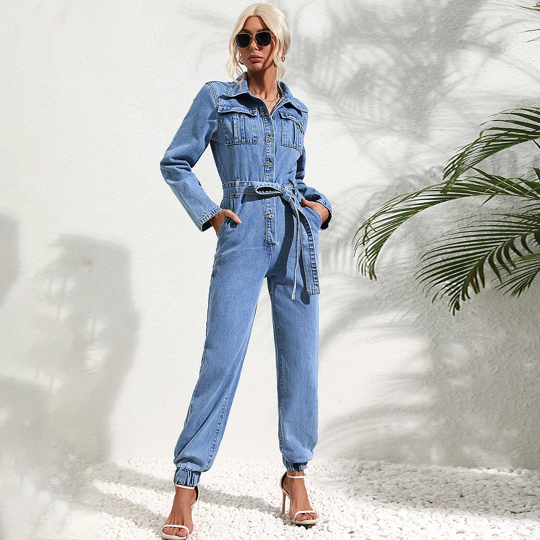 Women's Denim Jumpsuits One-piece Lapel Long Sleeve Denim Jumpsuit Jeans