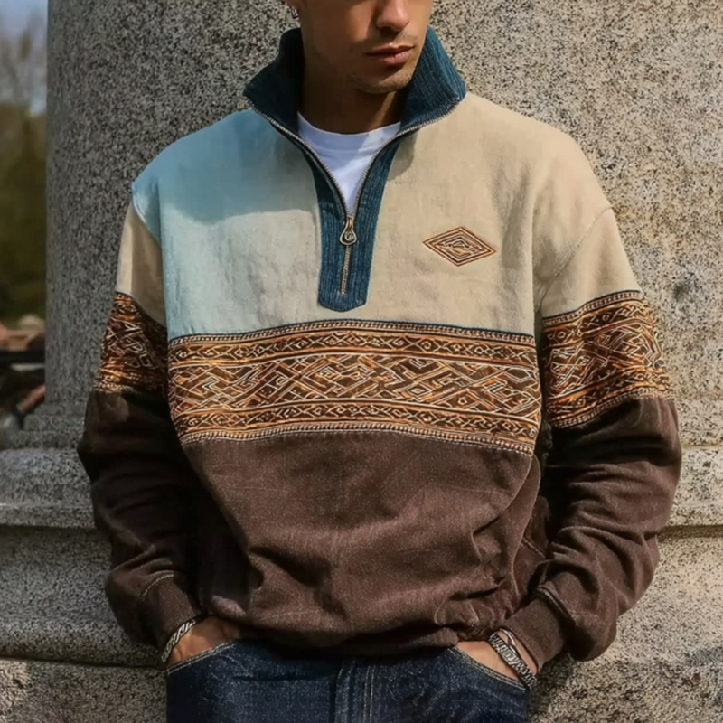 Men's Loose Casual Retro College Style Half-open Collar Stitching Printed Sweatshirt
