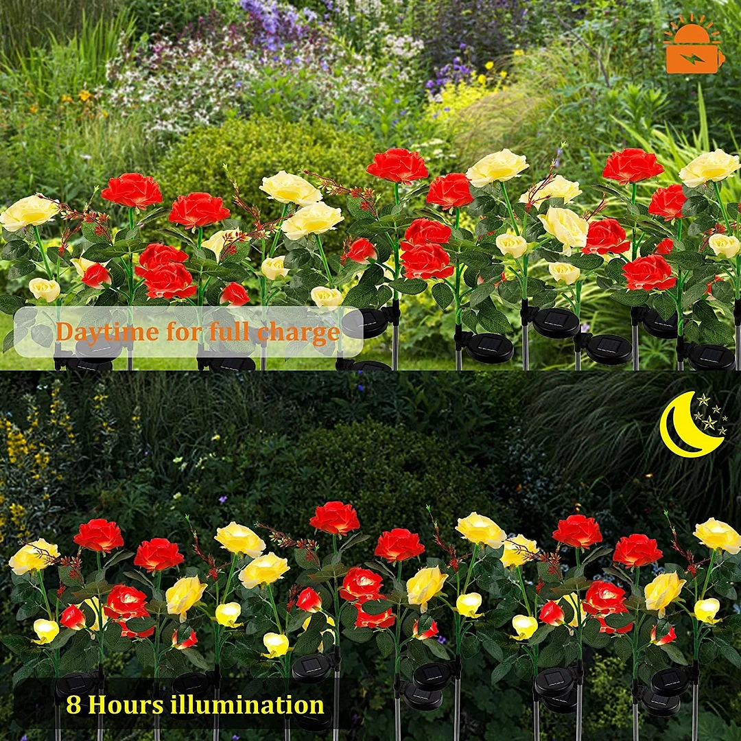 2 Packs Solar Rose Flower Stake Lights With 6 Rose Flowers