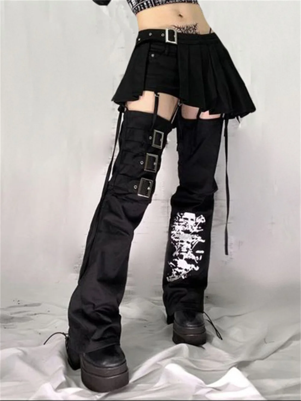 Jangj Women Hollow Out Hip Hop Cargo Pants Y2k With Skirt Gothic Skull Printed Solid Emo Black Punk Techwear Trousers Pantalon Femme
