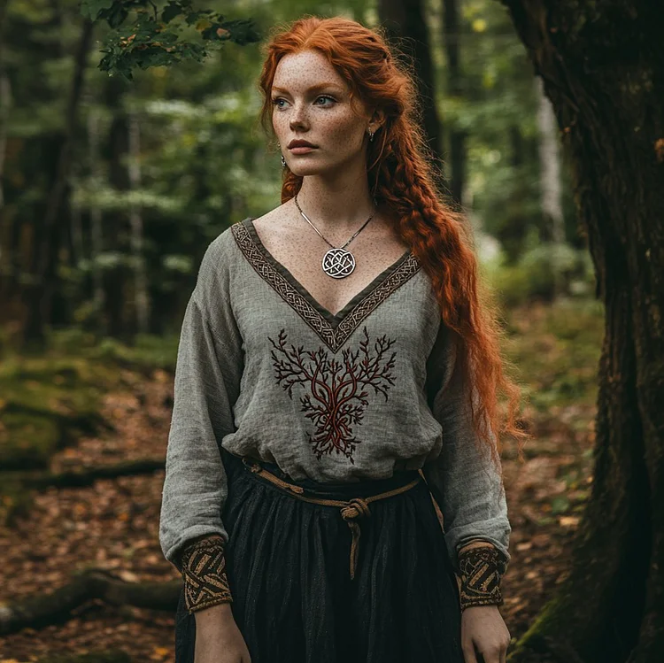 Tribal Viking Life Of Tree Embroidery Cotton And Linen V-neck Loose Shirt