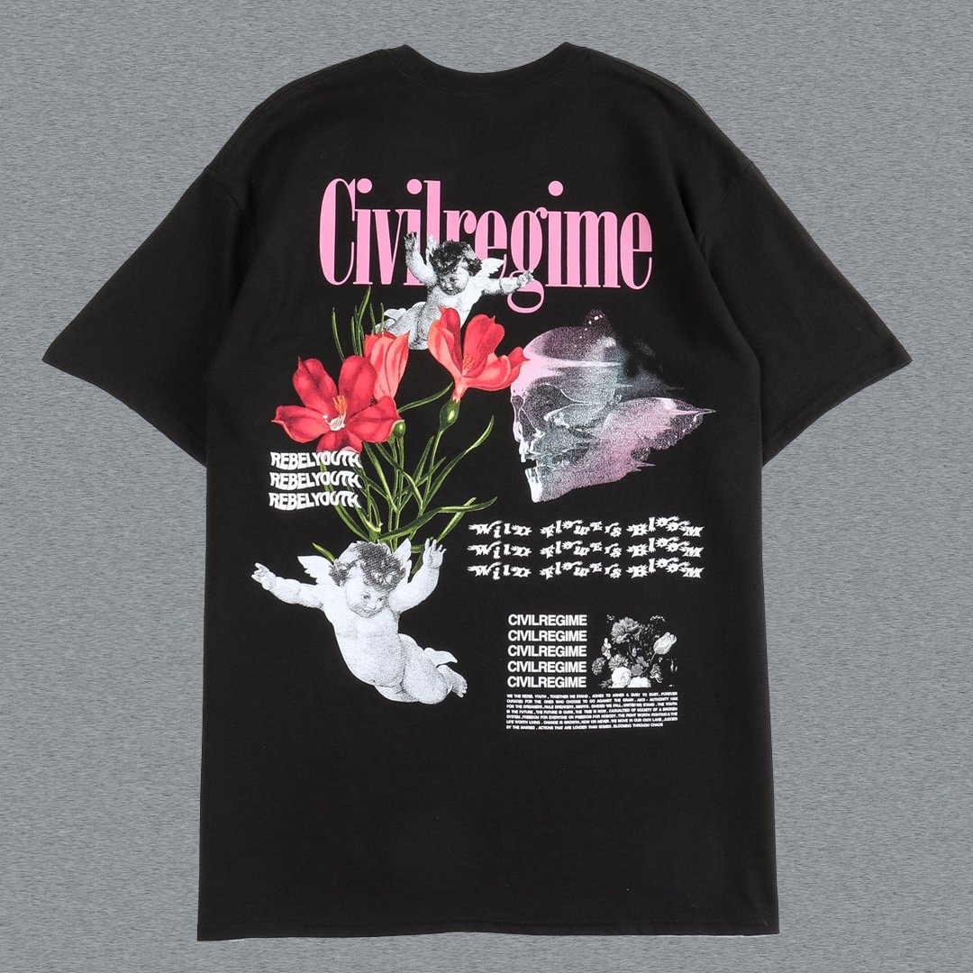 Civilregime Skull Floral Print Short Sleeve T-Shirt