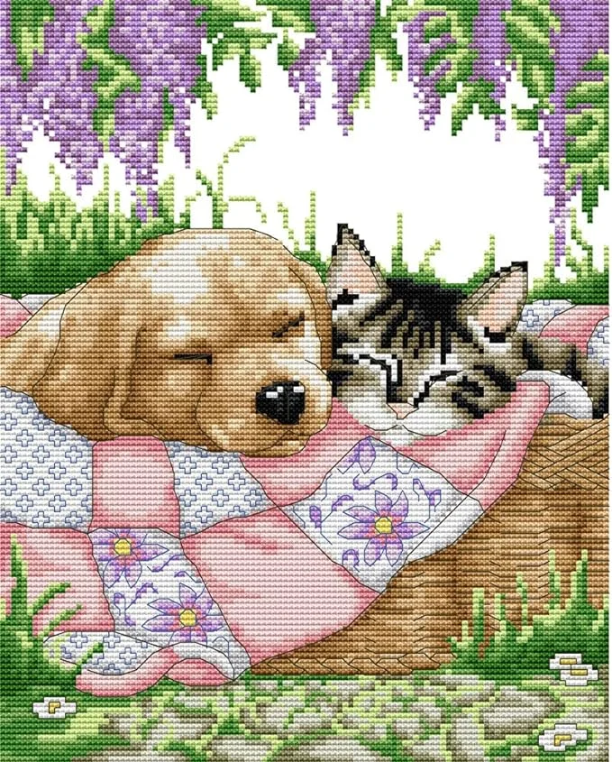 Joy Sunday Sleeping Cat And Dog 14CT Stamped Cross Stitch 28*33CM