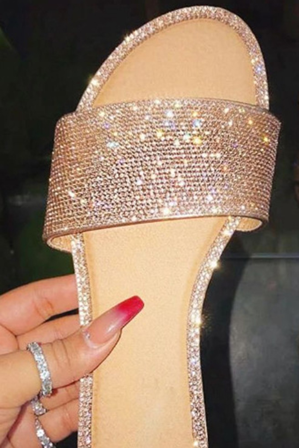 Fashion Rhinestone Open Toed Flat Bottom Sandals Slippers
