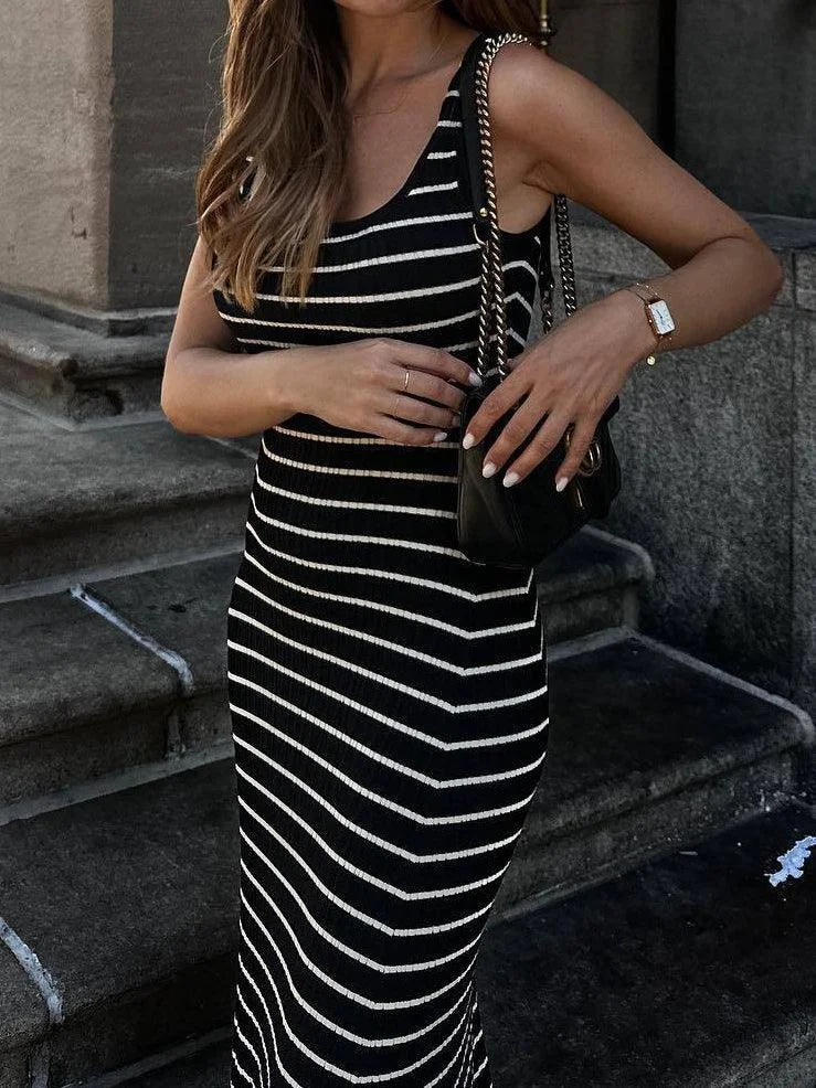 Ladies Stripe Strap Shoulder Midi Dress 1378