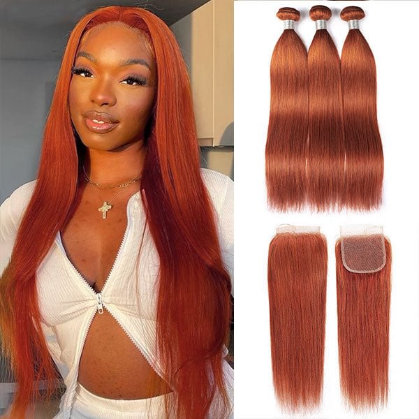 Ginger Orange Colored Human Hair Straight Bundles With Lace Closure US Mall Lifes