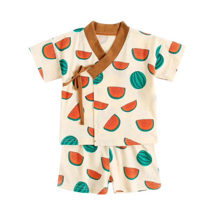 Baby Boy/Girl Colorful Allover Watermelon and Tangerine Contrast Collar Side Open Strap T-shirt and Shorts Set