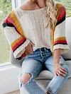 Loose Contrast Color Striped Loose Half Sleeve Sweater