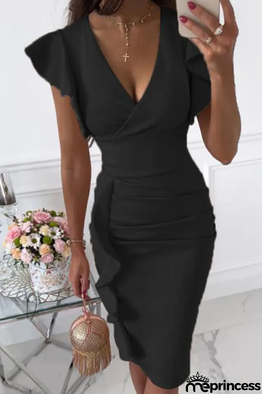 Fashion Elegant Solid Flounce Fold V Neck Wrapped Skirt Dresses(9 Colors)