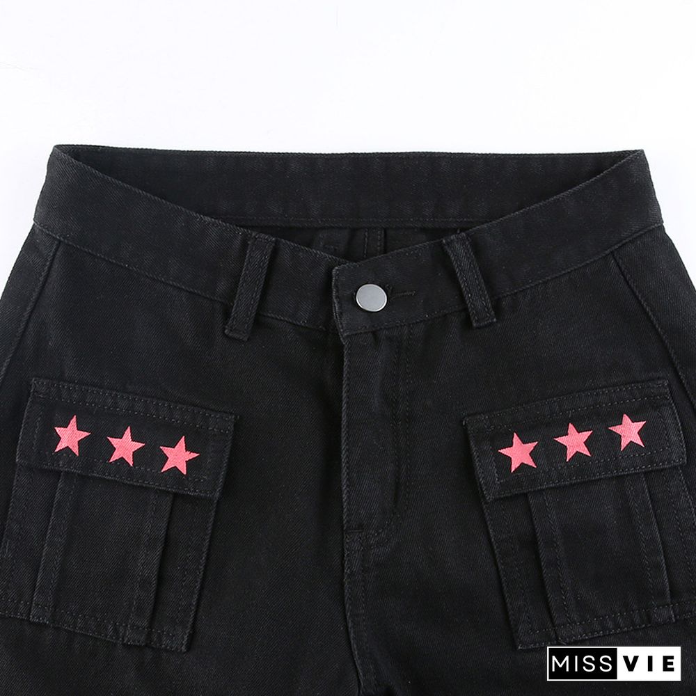 Star Print Ribbon Pocket Casual Denim Pants