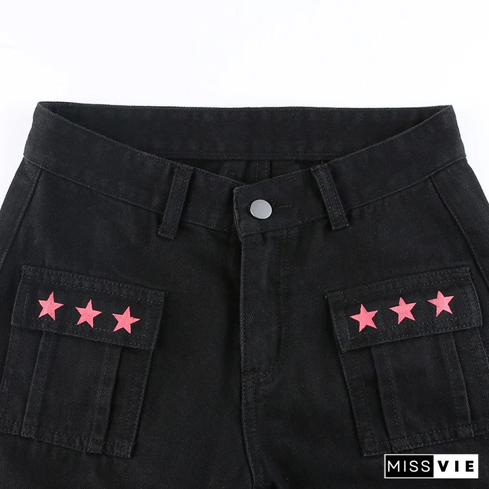 Star Print Ribbon Pocket Casual Denim Pants