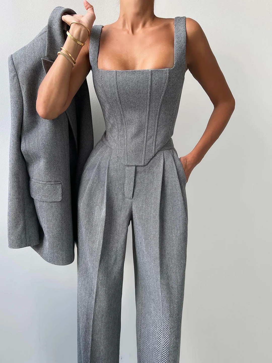 Athvotar Athvotar Women's Fashion Solid Color Waist Fish Bone Shoulder Suit Three-Piece Set Of Women Simple Commuting High-Waisted Trousers