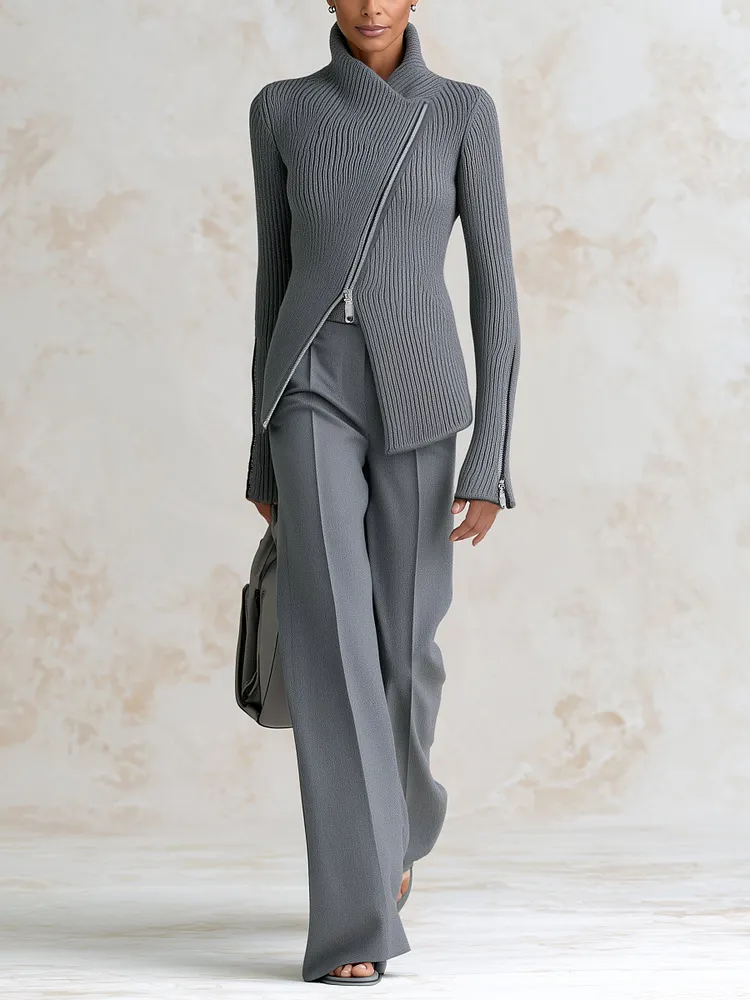 Minimalist Ribbed Knit Zip Jacket & Wide-Leg Pants Set &ndash; Elegant Two-Piece Lounge Suit