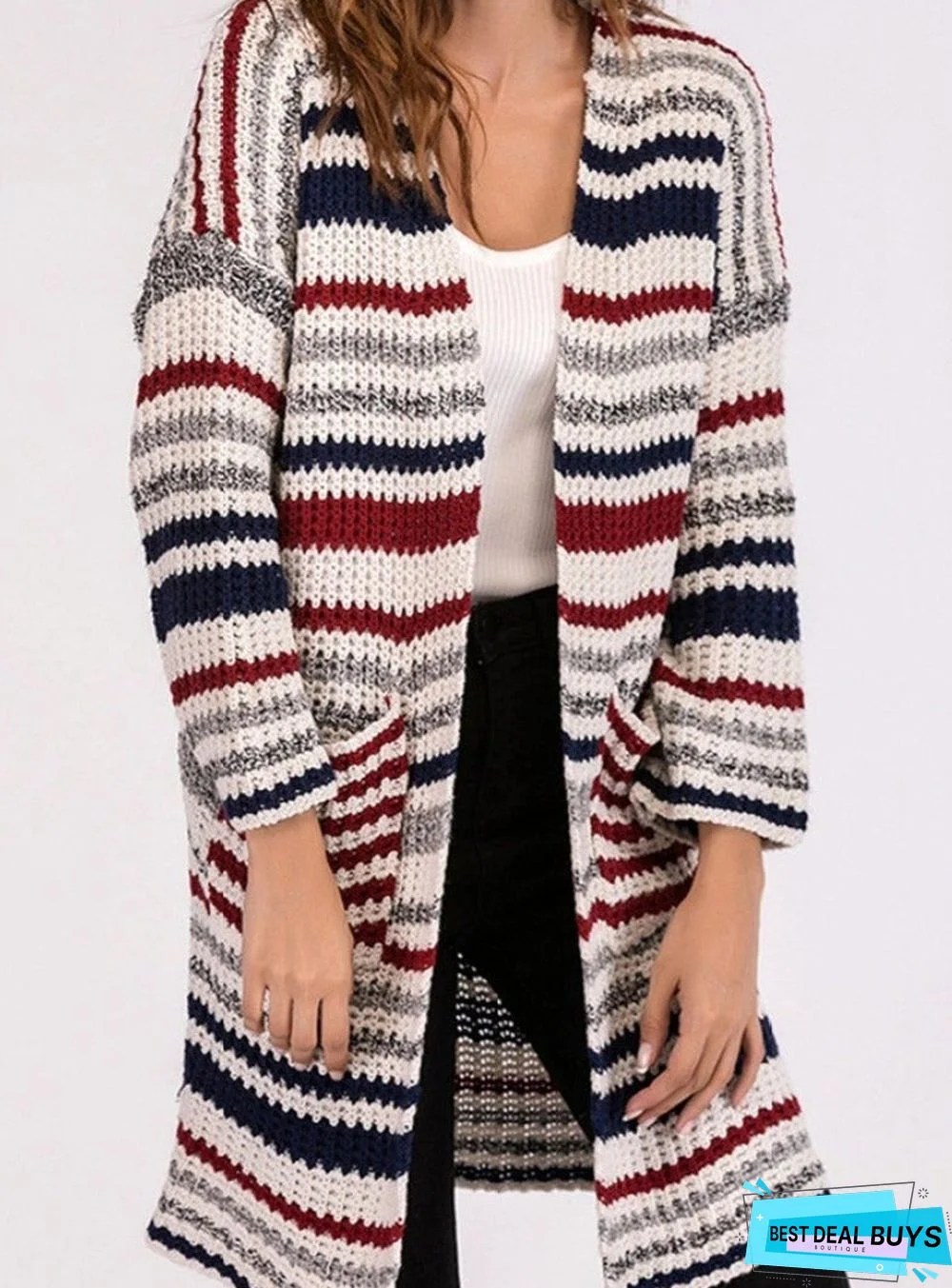 Ladies Colorful Striped Long-Sleeved Woolen Cardigan