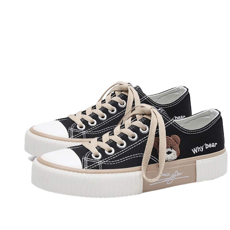 Cartoon Bear Embroidery Lace Up Canvas Shoes - Modakawa modakawa