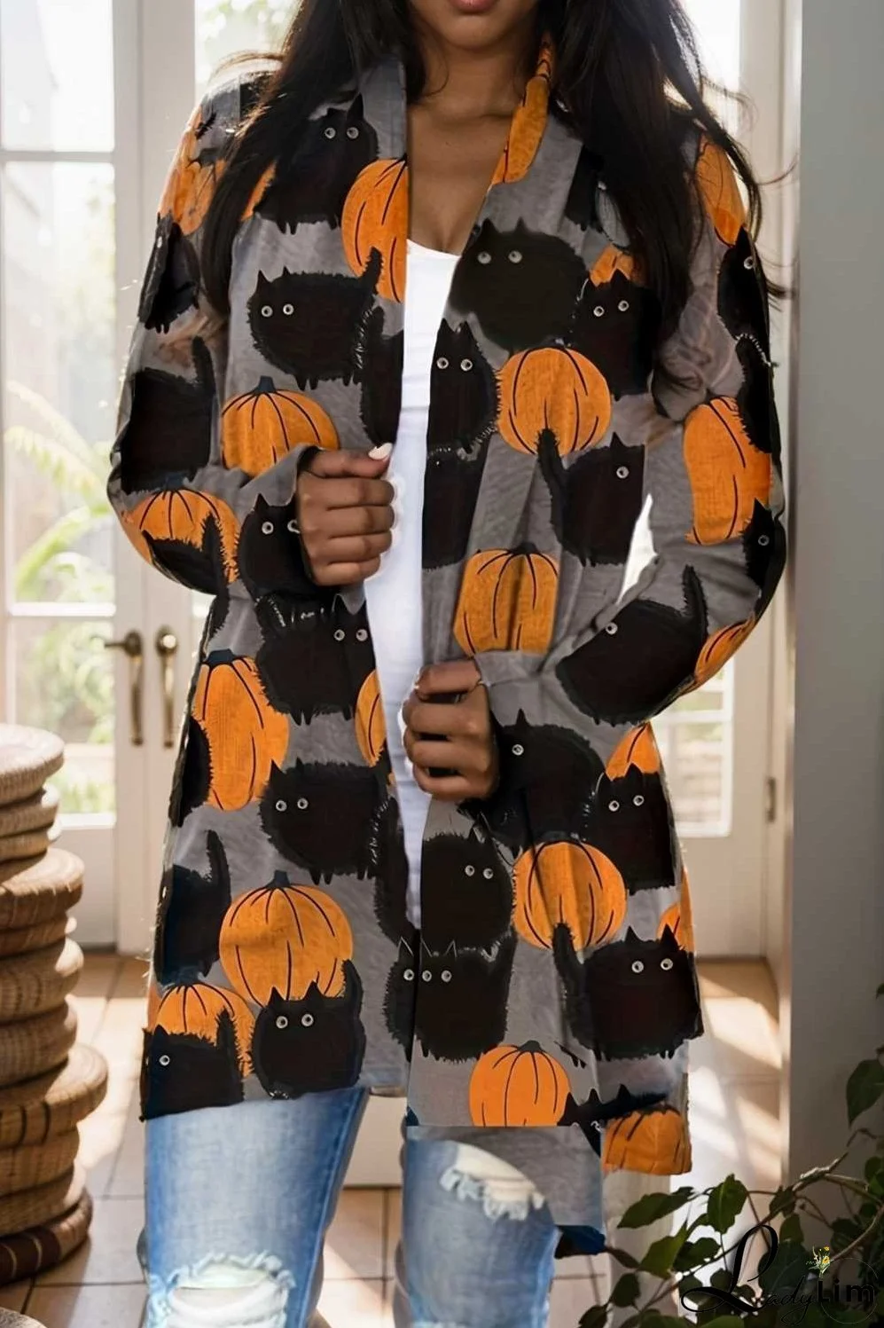 plus size halloween coat women s pus allover cat pumpkin print long sleeve open front medium stretch cardigan overcoat