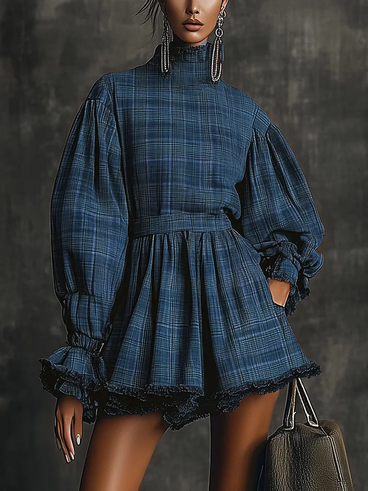Plaid High-Neck Balloon Sleeve Mini Dress