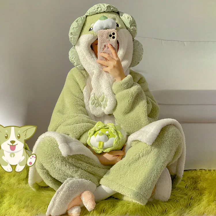 Kawaii Shiba Dog Hooded Fuzzy Pajama Set - Gotamochi Kawaii Shop, Kawaii Clothes