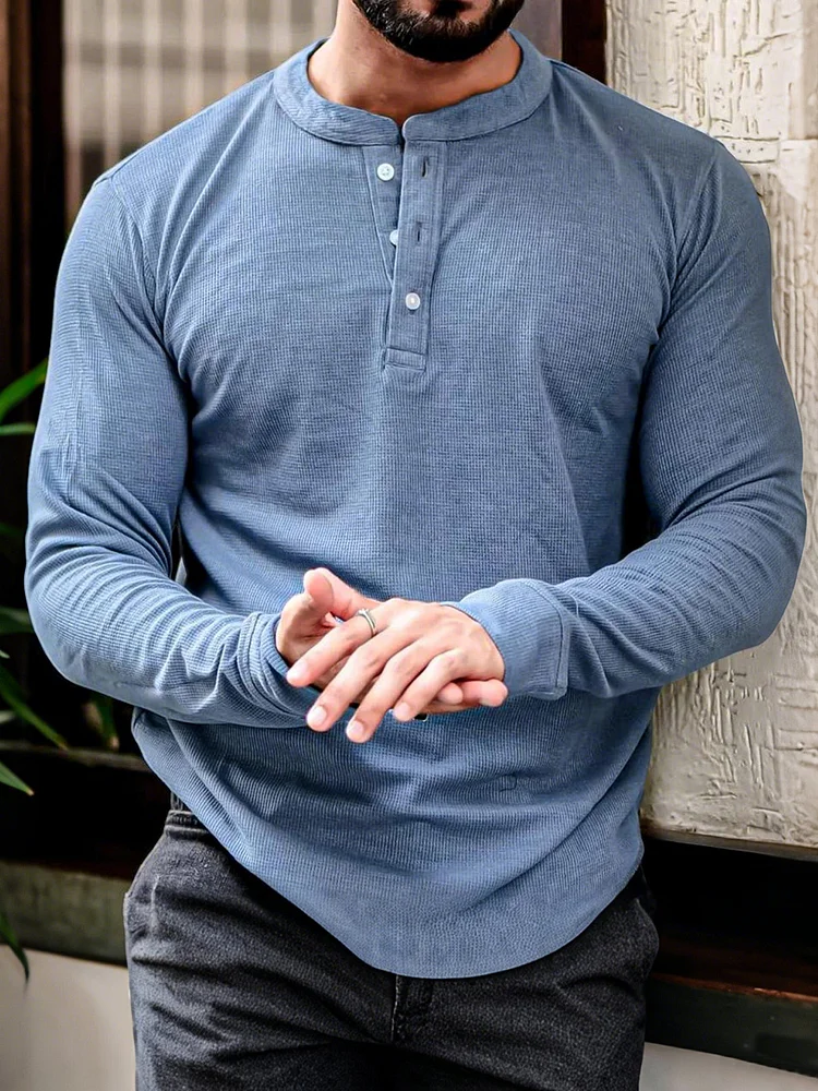 Men's Retro Casual Solid Color Waffle Long Sleeve Button-Down Henley