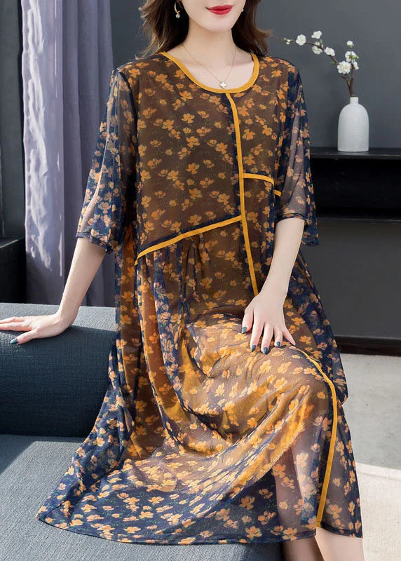 Handmade Yellow Print Wrinkled Patchwork Chiffon Dress Short Sleeve