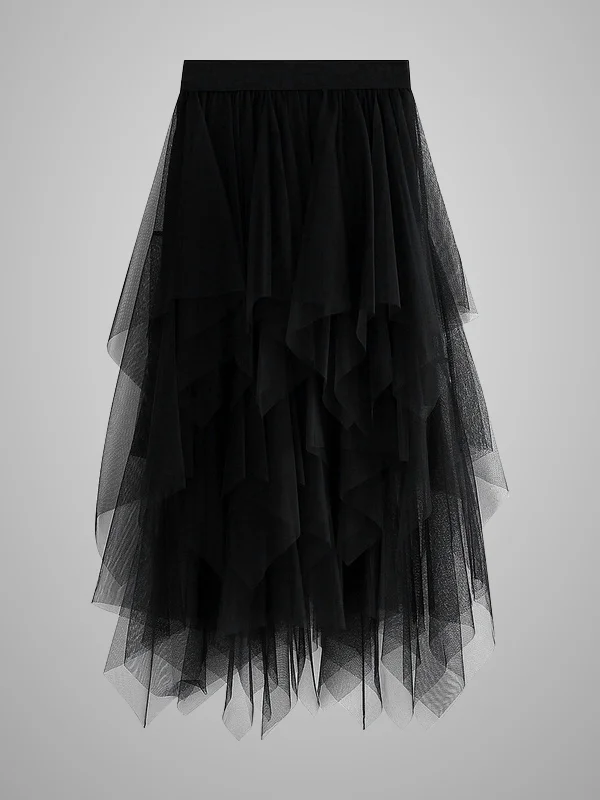 Gothic Dark Designed Tiered Irregular Mesh High Rise Long Skirt