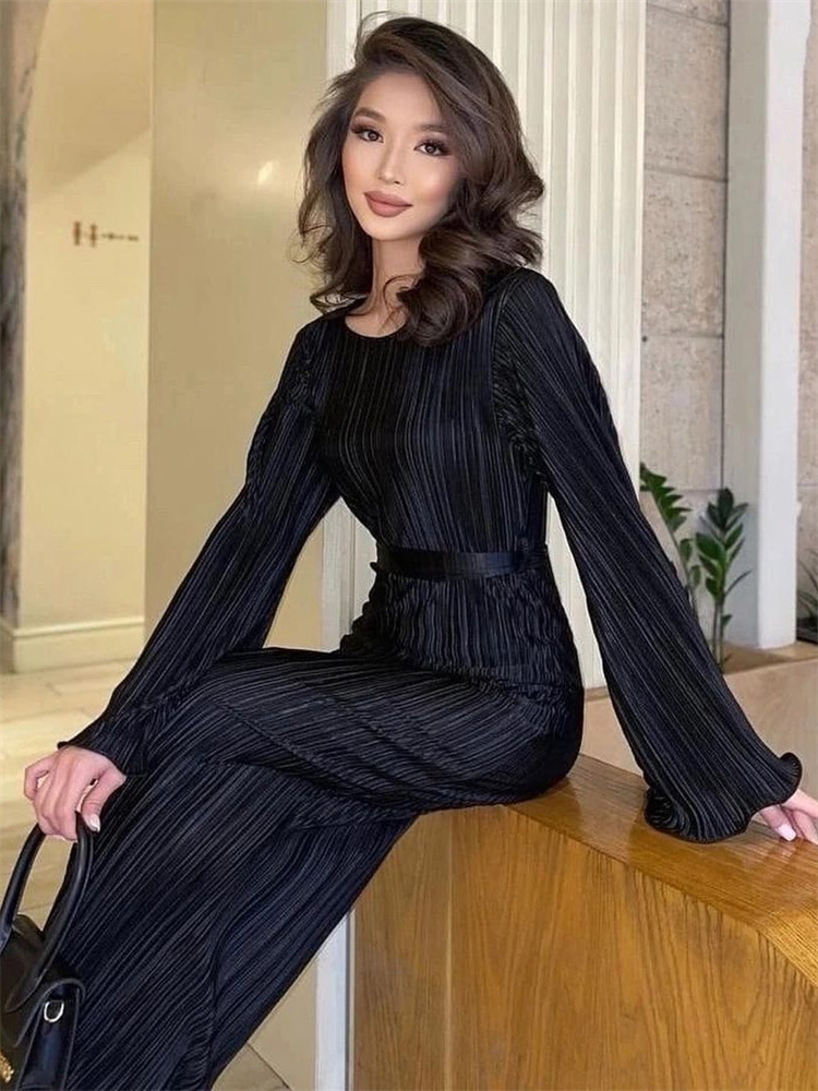 Ootddress Ruffled Lace-Up Ribbed Maxi Dress For Women Long Sleeve Fashion High Waist Elegant Party Dress Autumn Bandage Ladies Dress