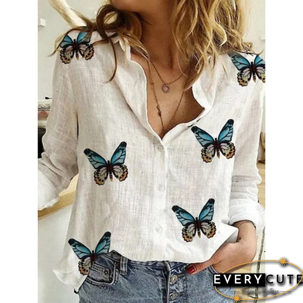Ladies Slim Irregular Butterfly Print Ladies Shirt Turn Down Collar Cotton Linen Blouse Top