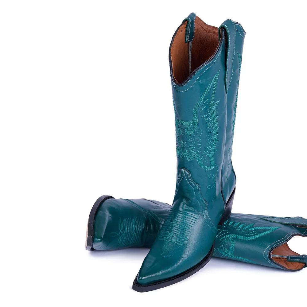 Teal Chunky Heel Pointed Toe Cowgirl Boots with Eagle Embroidery