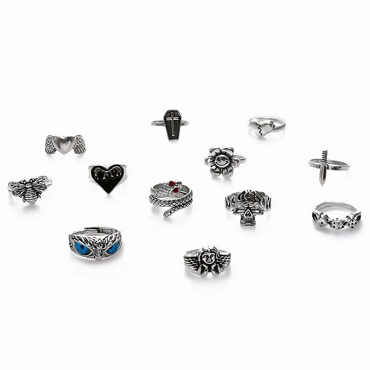 12 Pack Gothic Skull Pattern Design Rings - Modakawa Modakawa