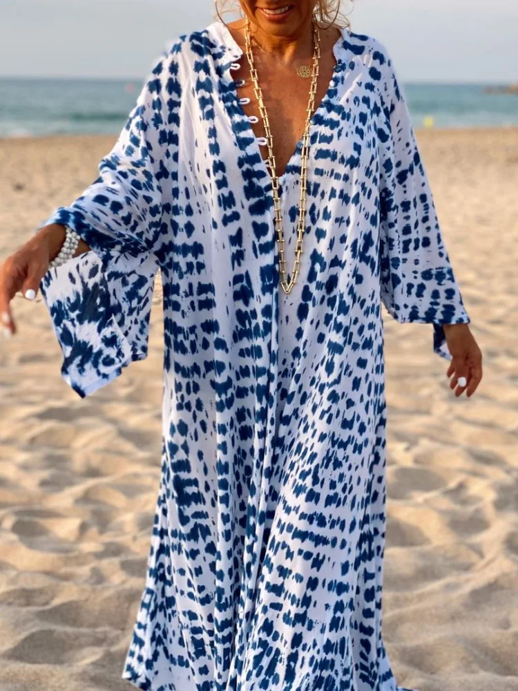 Beach Stripe & Tie Dye Kaftan In Blue