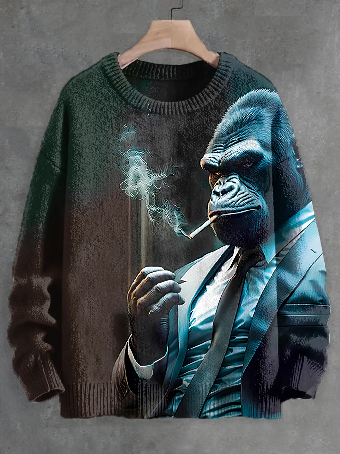 Men's Cool Monkey Gentleman Dark Smoking Art Knit Sweatshirt
