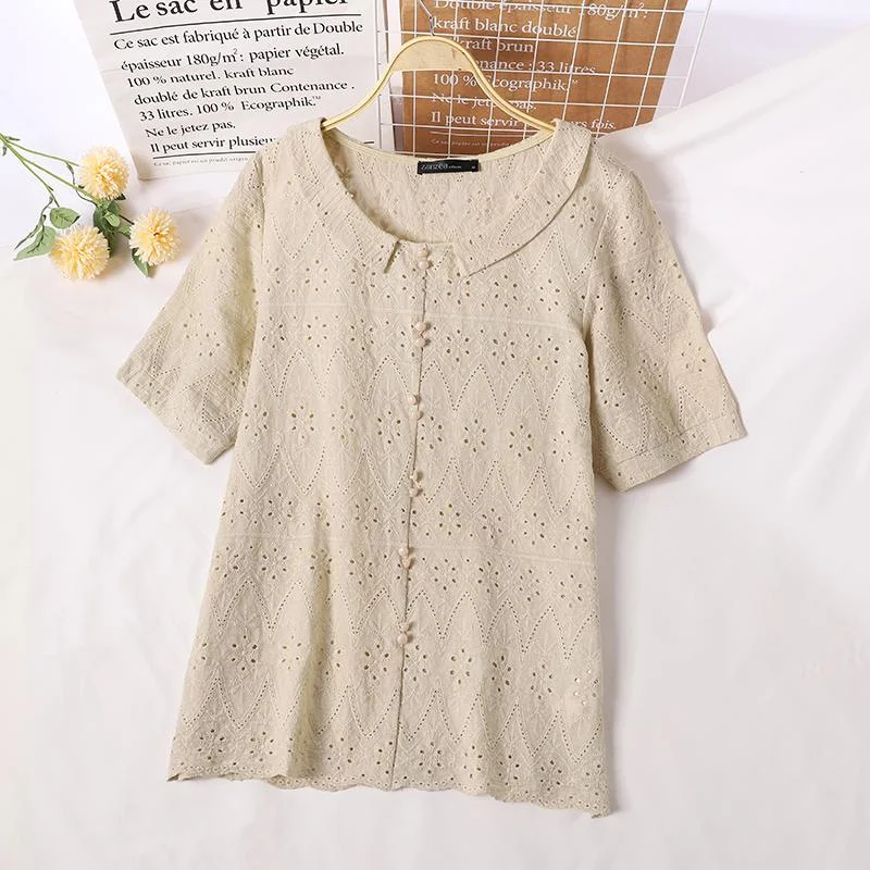 Fashion Women Embroidery Blouses ZANZEA 2022 Lace Tops Short Sleeve Blusas Female Casual Button O Neck Tunic Chemise  Oversize