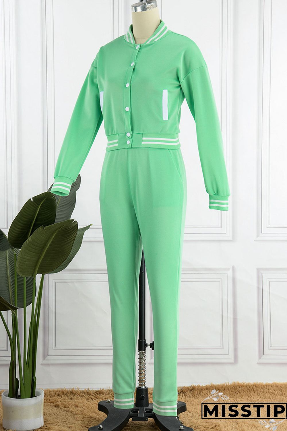 Green Casual Solid Patchwork Buckle Long Sleeve Two Pieces