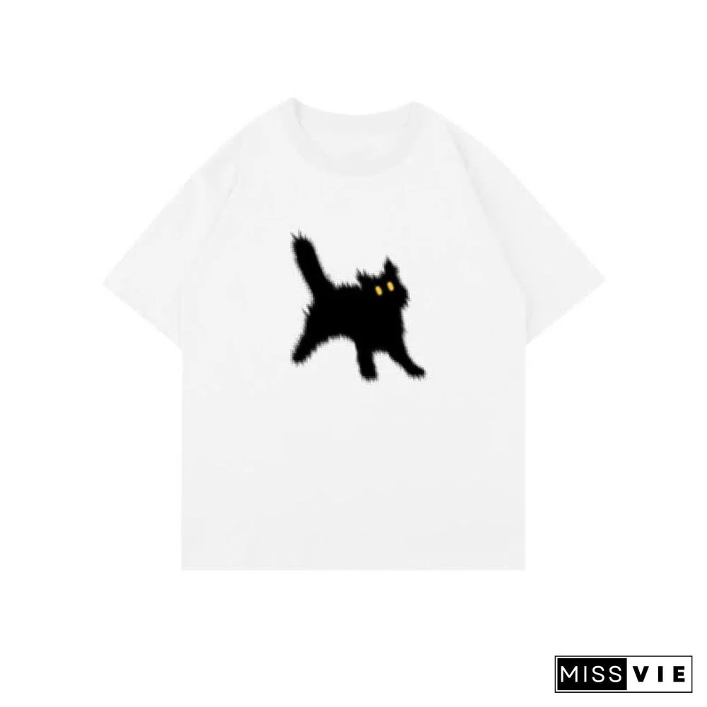 Cartoon Cat Print Round Collar Oversized T-Shirt