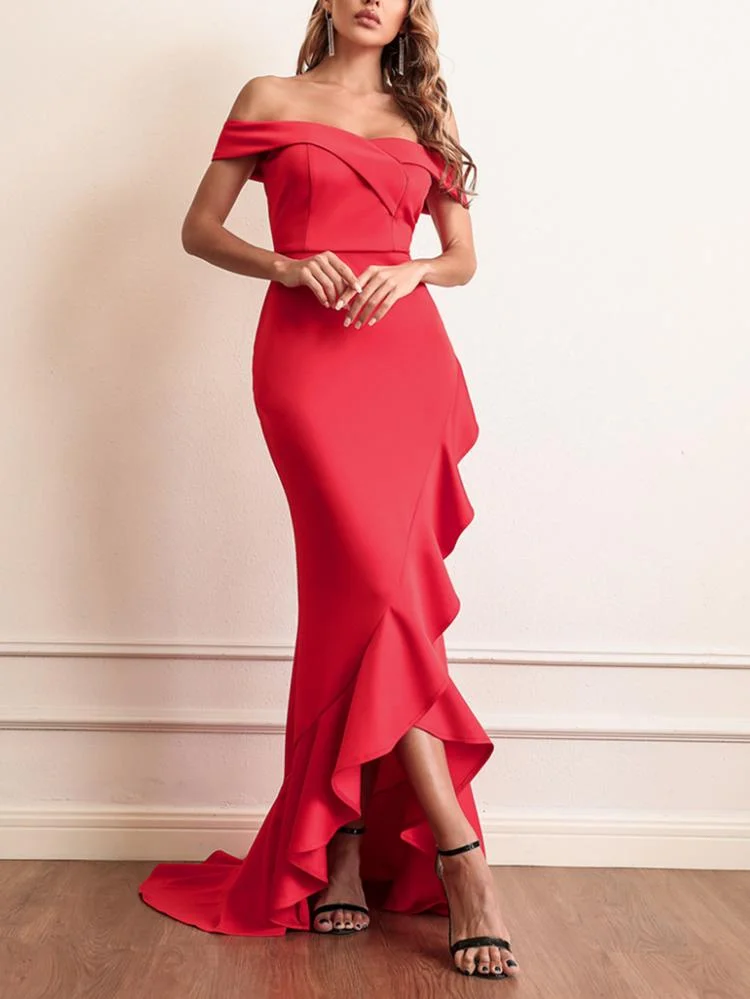 Promsstyle Promsstyle Off shoulder high waist ruffled hem mopping length asymmetric evening dress Prom Dress 2023