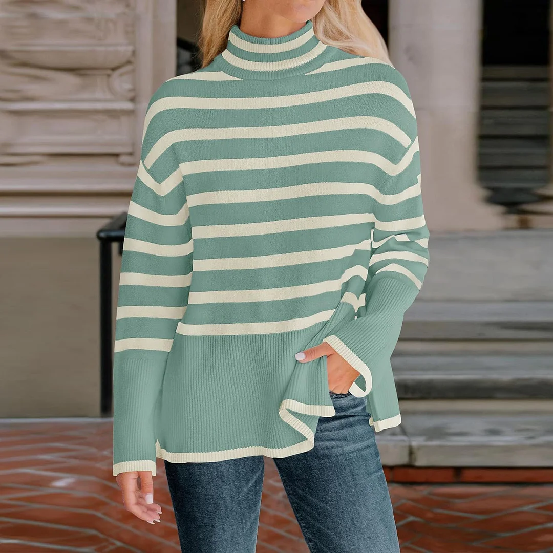 Uveng 2025 New Explosion Women's High-Collar Knitted Striped Opener Top