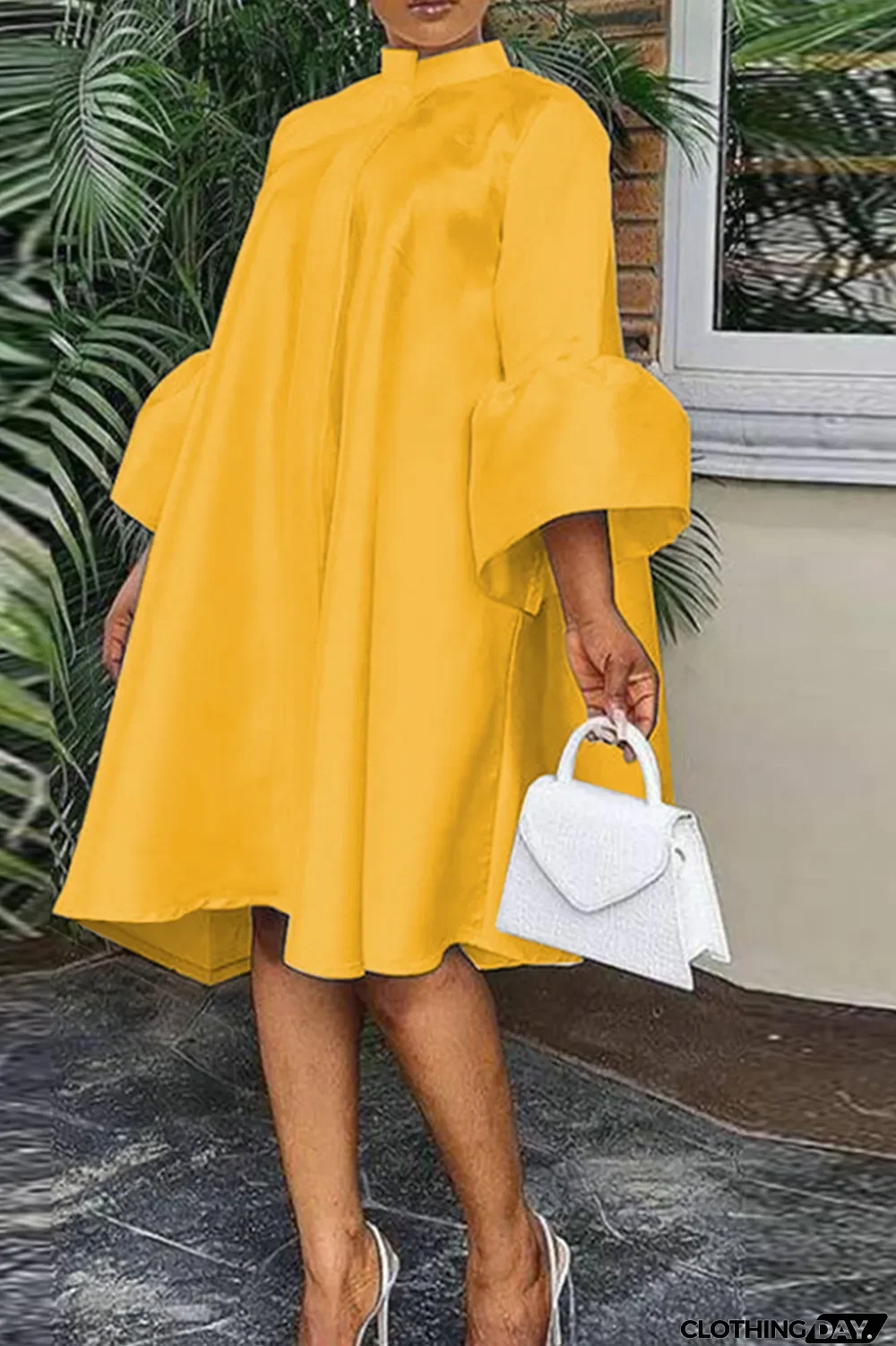 White Casual Solid Flounce O Neck Cake Skirt Dresses