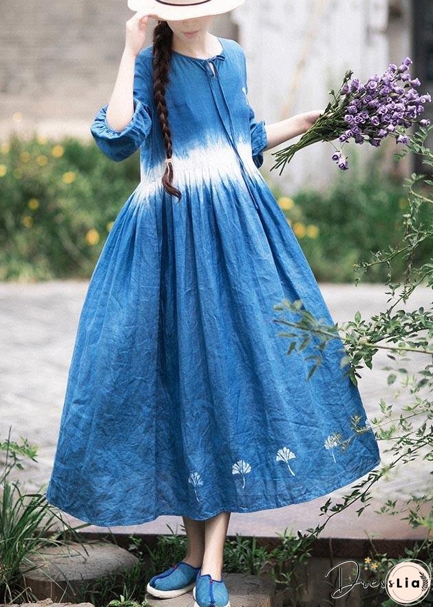 Organic Blue Print Tunic O Neck Cinched Art Dress