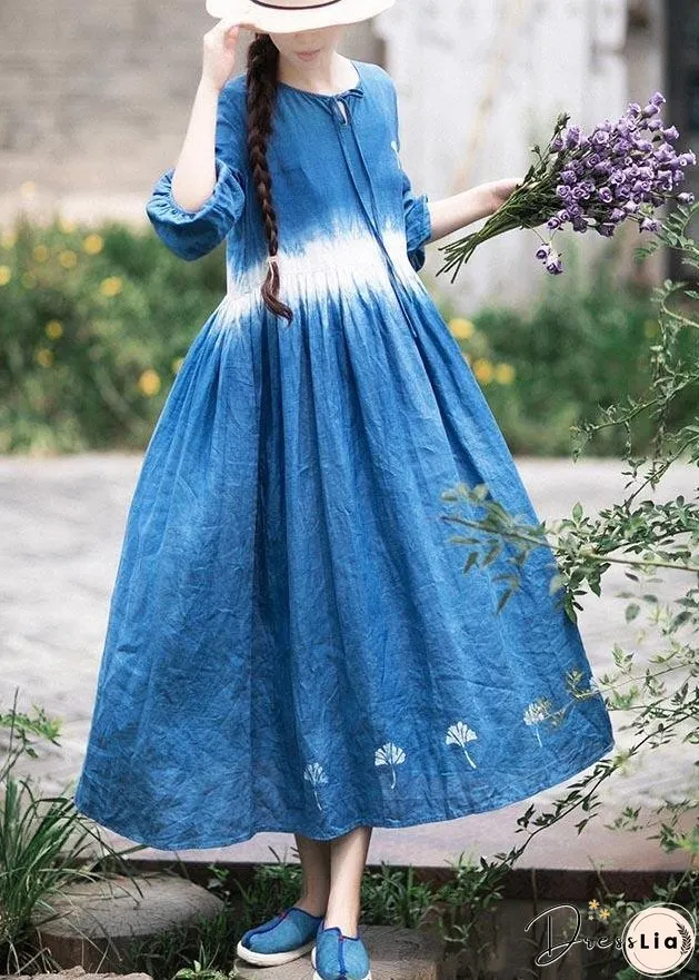 Organic Blue Print Tunic O Neck Cinched Art Dress