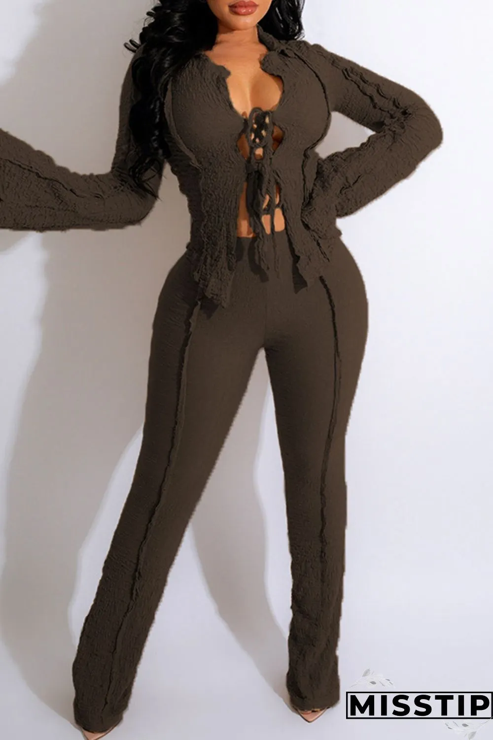 Khaki Casual Solid Bandage V Neck Long Sleeve Two Pieces