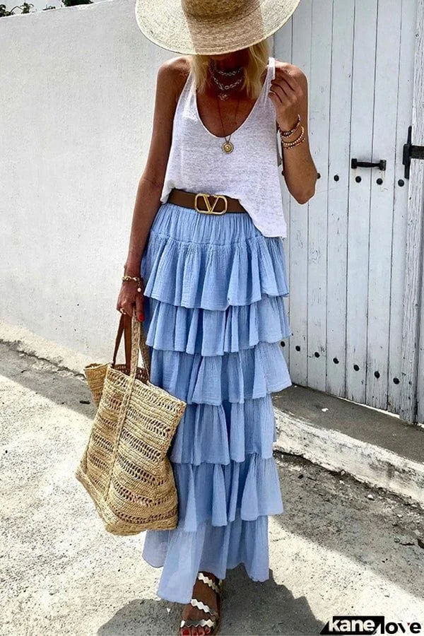 Dancing on Clouds Linen Blend Tiered Ruffles Maxi Skirt