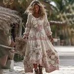 Women's Vintage Romantic White Rose Embroidery Art Comfy Knitted Maxi Dress - Image 2