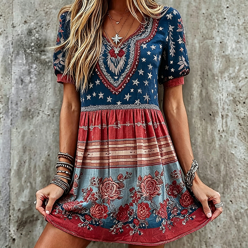  Women's Boho Independence Day With Floral Mini Dress Westsshops