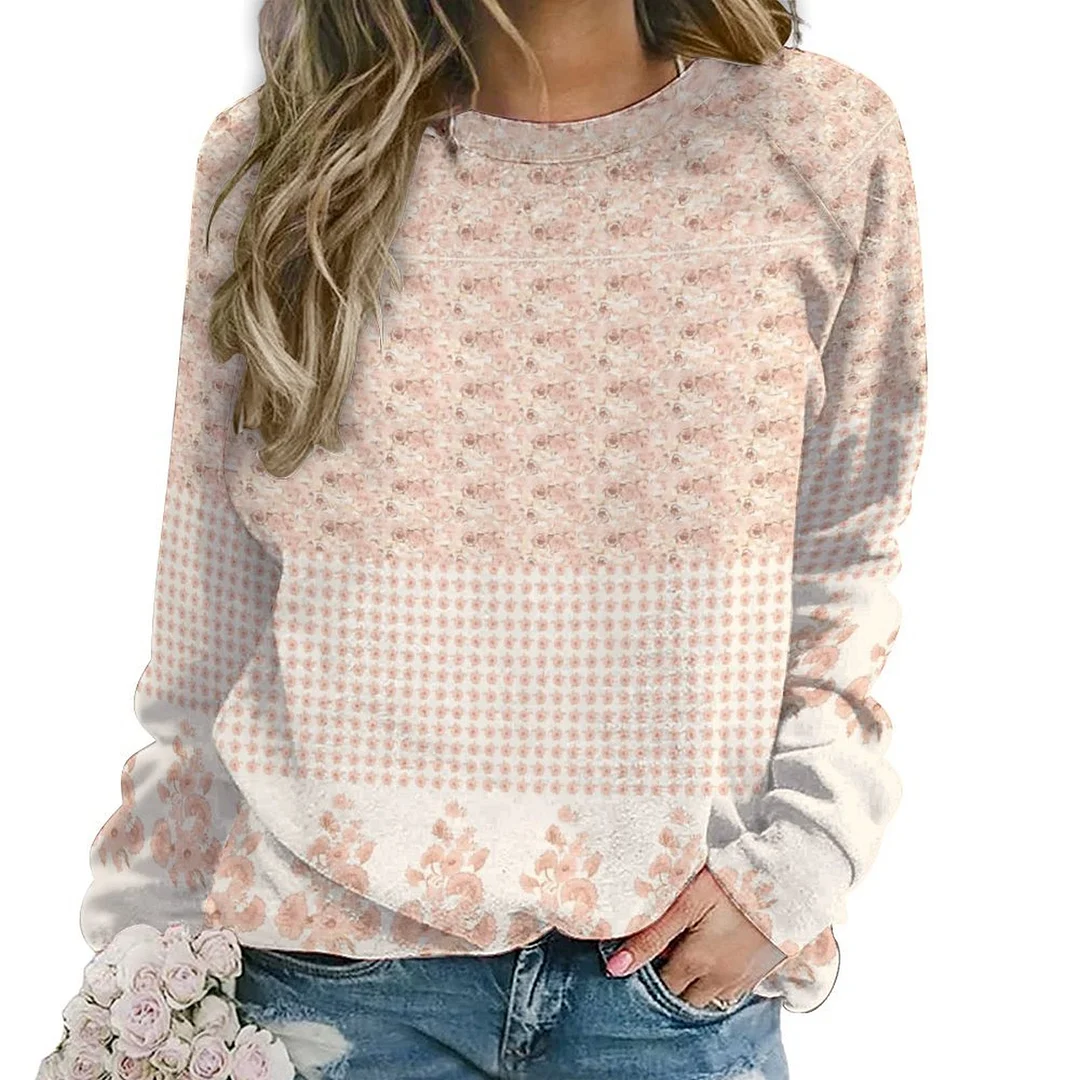 Printed Long Sleeve Casual Sweatshirt for  Women and Men Unisex Pattern Floral, Pink