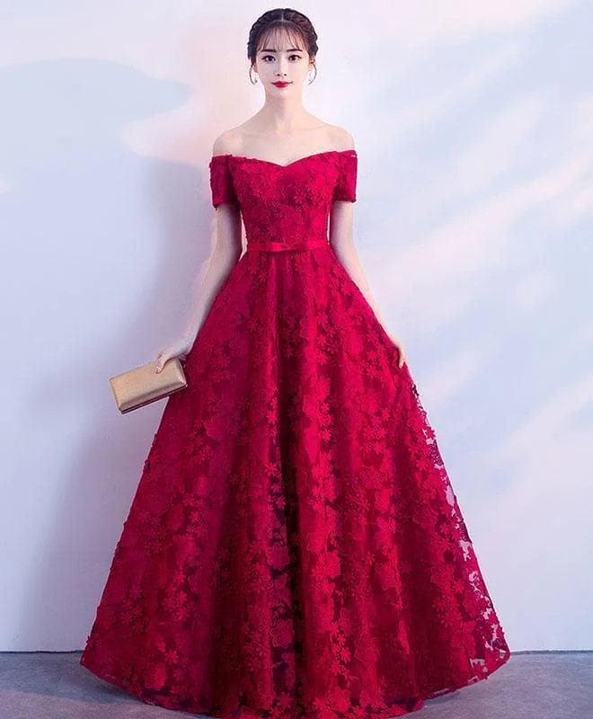 Burgundy Lace Long Prom Dress, Burgundy Lace Evening Dress
